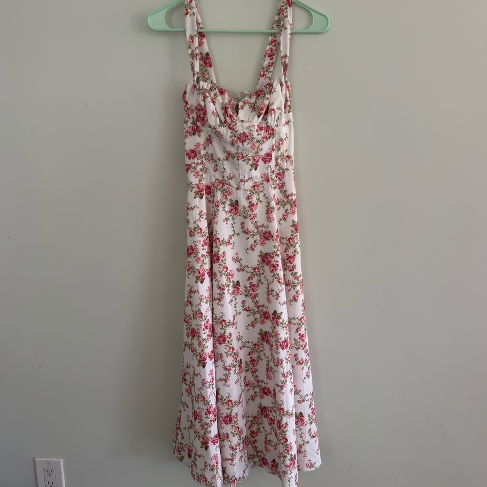White Floral Maxi Dress with Pink Rose Print